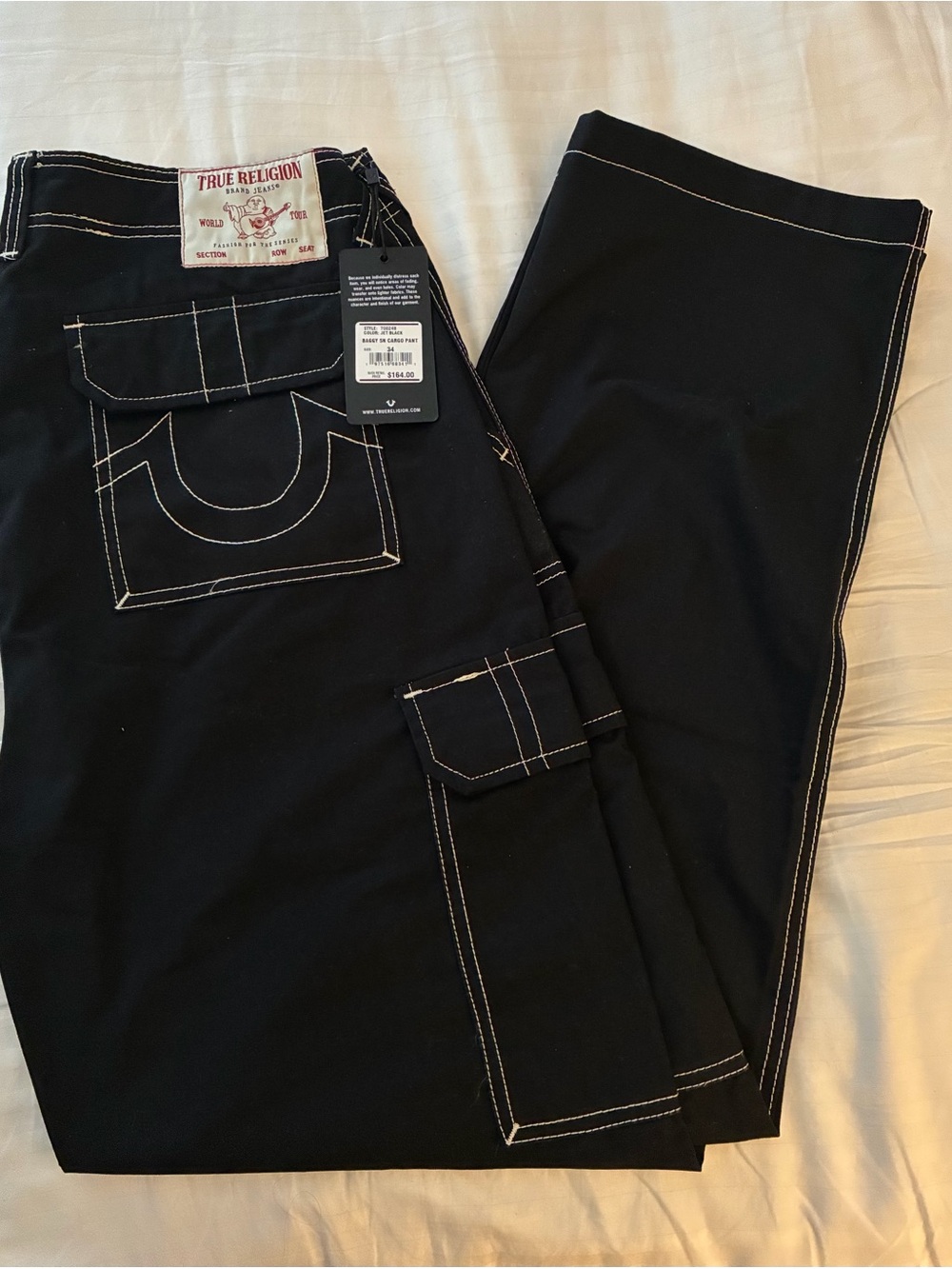 True Religion Men’s Black Cargo Pants with White Stitching Size 34” waist